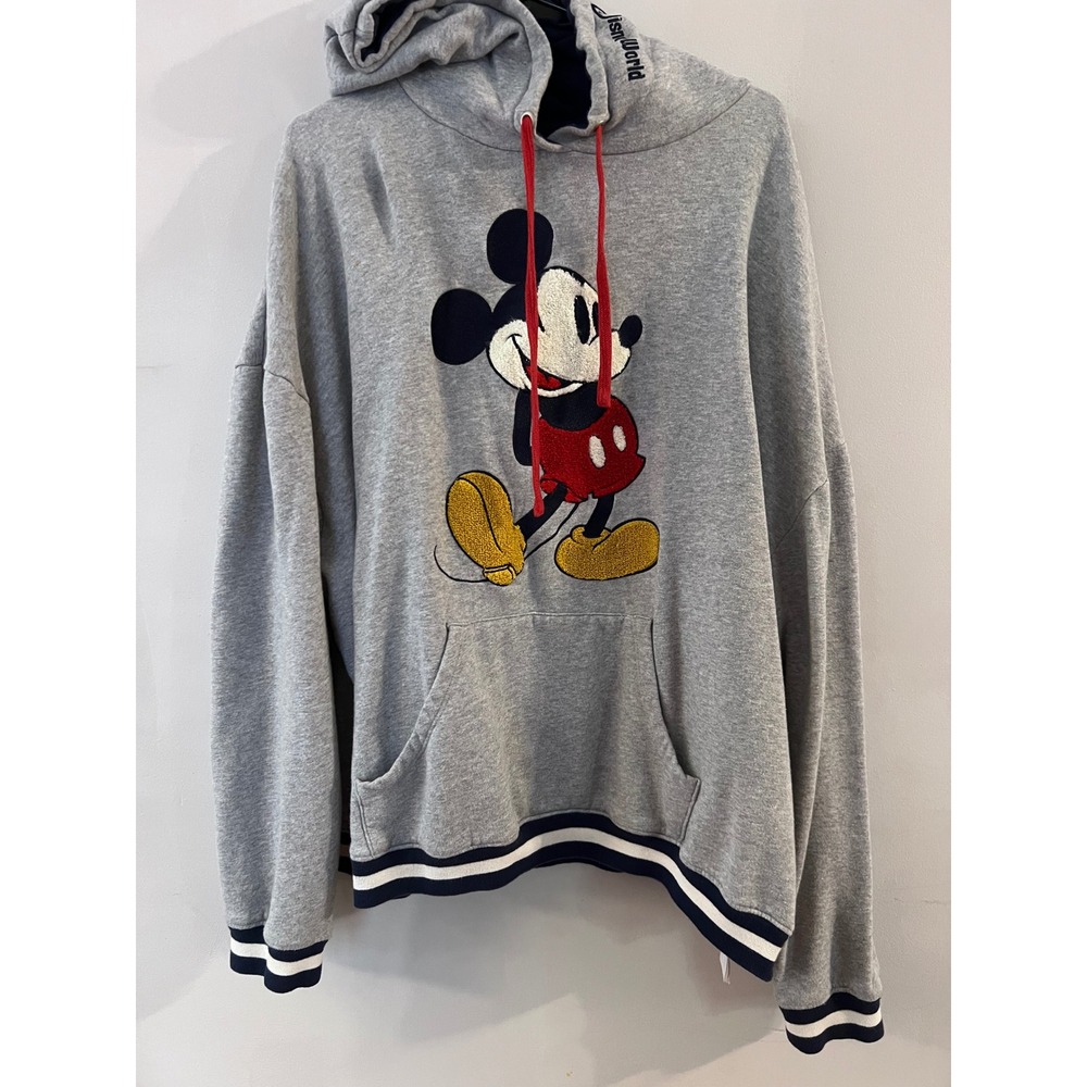 Disney Hoodie Women XXL Gray Mickey Mouse Chenille Patch EUC